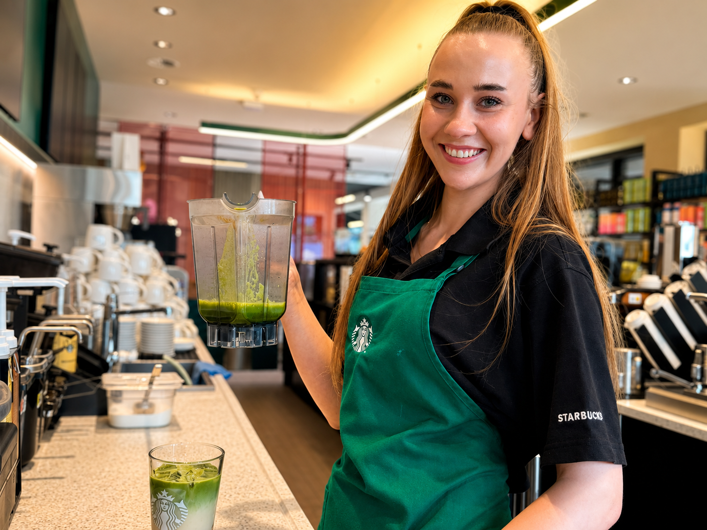 Barista bei Reisdorf am Starbucks Standort Fläming Ost bereitet ein Getränk zu und lächelt hinter der Café Theke in die Kamera.